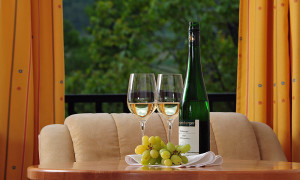 Doppelzimmer, Blick aus dem Fenster, Weinfalsche mit Gläsern und Weintrauben am Tisch davor.